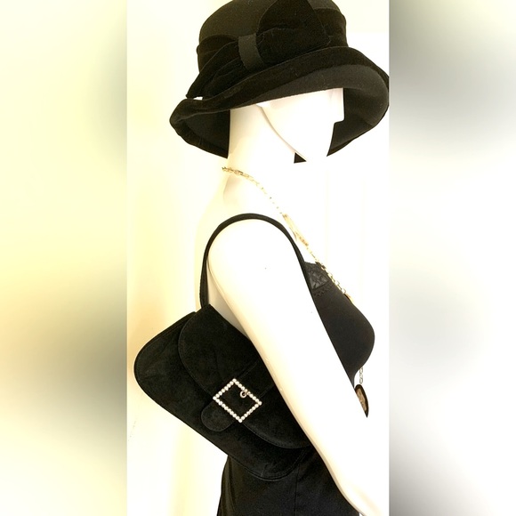 Black real suede leather evening purse clutch square buckle w shiny rhinestones - Picture 2 of 8